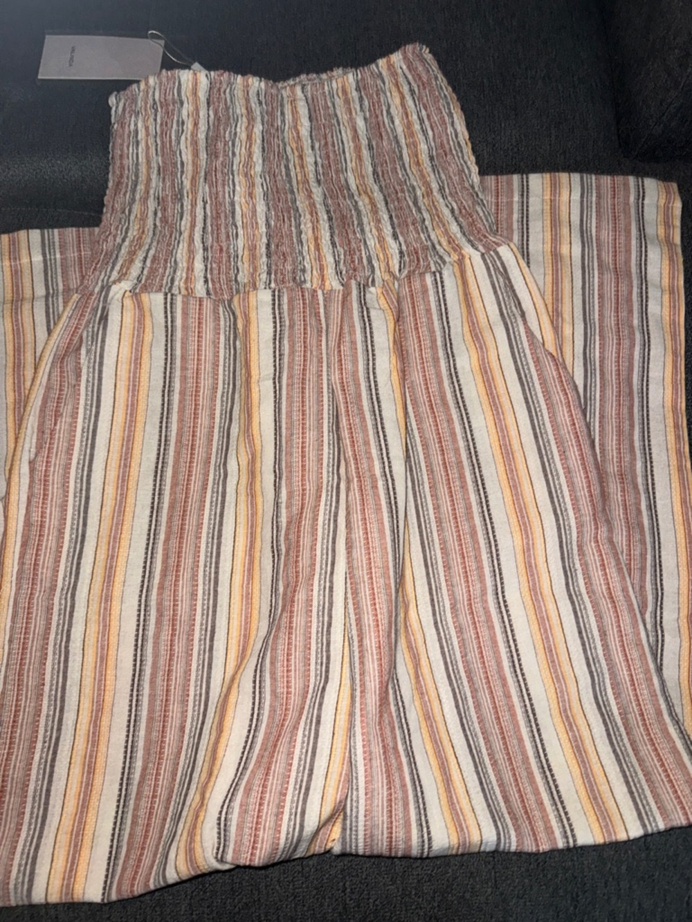 Striped Smocked Waist Wide-Leg Jumpsuit in Cream, Rust & Mustard